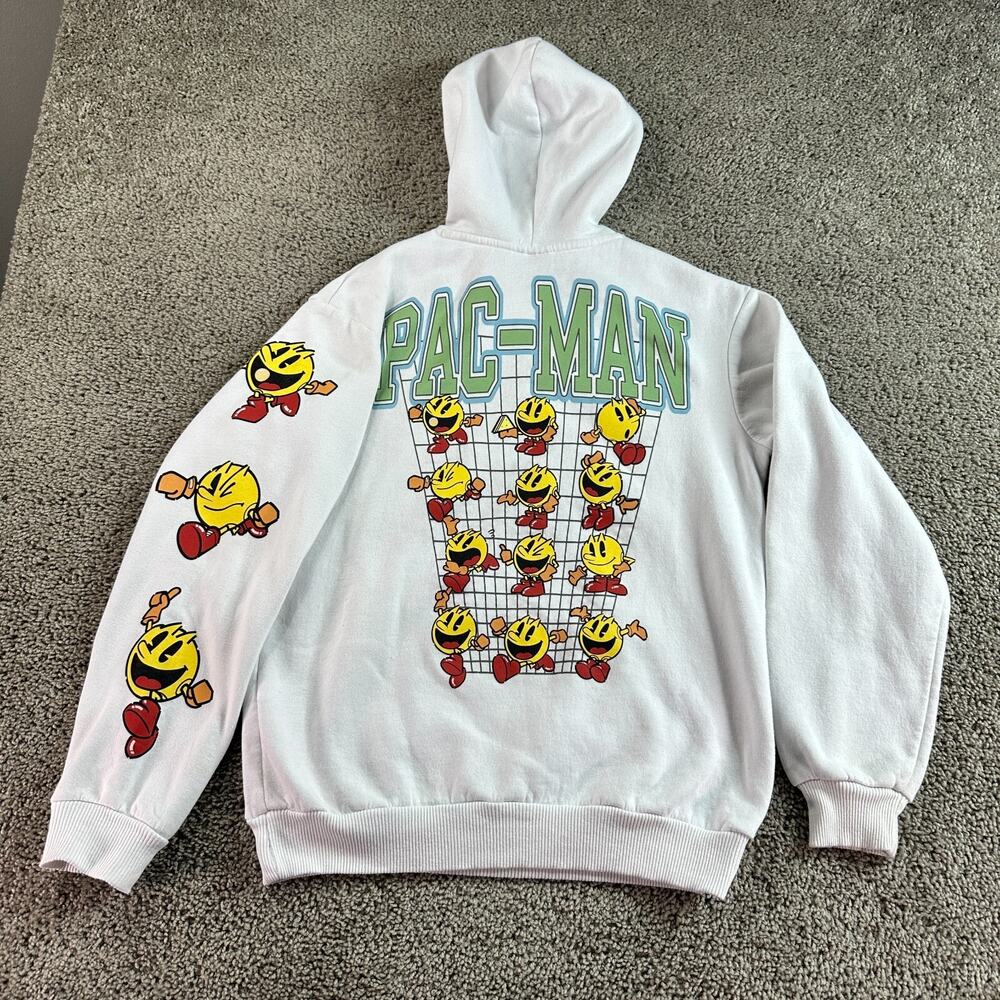 Pac Man Hoodie Mens Small White Bandai Retro Video Game Pullover Sweatshirt*